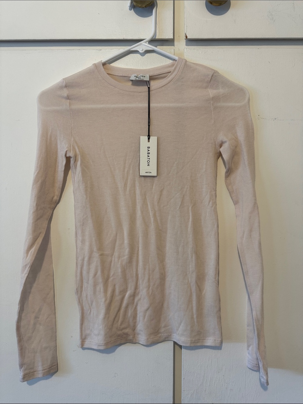 Babaton Long Sleeve Crewneck Top in Pale Beige